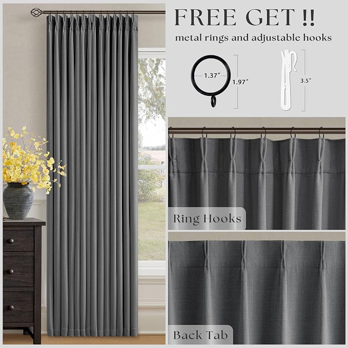 Dark Grey Pleated Thick Linen Blackout Curtains 90 Inches Long - Image 4
