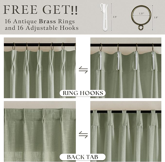 Green Linen Blend 72 Inch Light Filtering Pleat Boho Curtains 50 Inch Wide | - Image 5