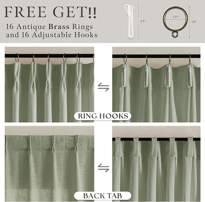 Green Linen Blend 72 Inch Light Filtering Pleat Boho Curtains 50 Inch Wide | - Image 5