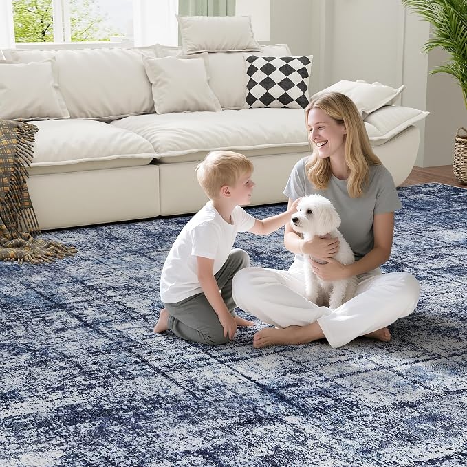 10x14 Washable Area Rug for Living Room Bedroom: Non-Slip Modern Navy Blue | - Image 7