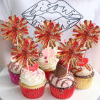 30 PCS Foil Firework Cupcake Toppers Sparkle Tinsel Cupcake Picks Happy Birthday Cake Decorations Drink Stirrers Cocktail Food Fruit Toothpicks for Baby Shower Graduation Party Supplies Red Gold