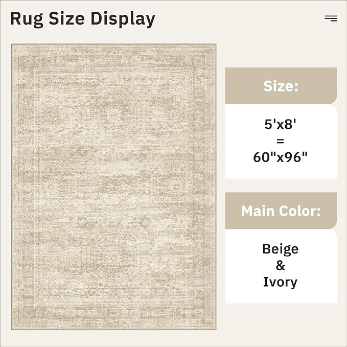 Soalmost 5x8 Area Rugs Beige Low Pile Washable Trendy Faded Style Rug | Vintage - Image 5