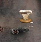 ATHIA Glass Pour Over Coffee Dripper Set, Glass Cone Dripper, Reusable Cloth Filter, Leather Cup Sleeve, Minimal Single Cup SET, for outdoor, office or at home (Olive Wood)