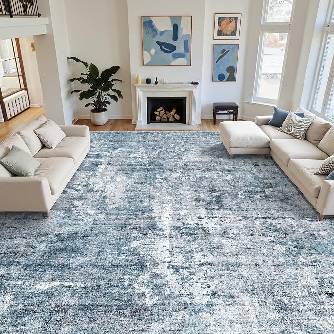 Soalmost 12x15 Washable Area Rugs Soft Living Room Rug Abstract Blue/Grey | - Image 2