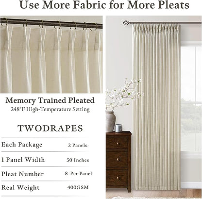 Short Pinch Pleated Light Filtering Flax Linen Tan Curtains 50x45 2 Panels | - Image 6
