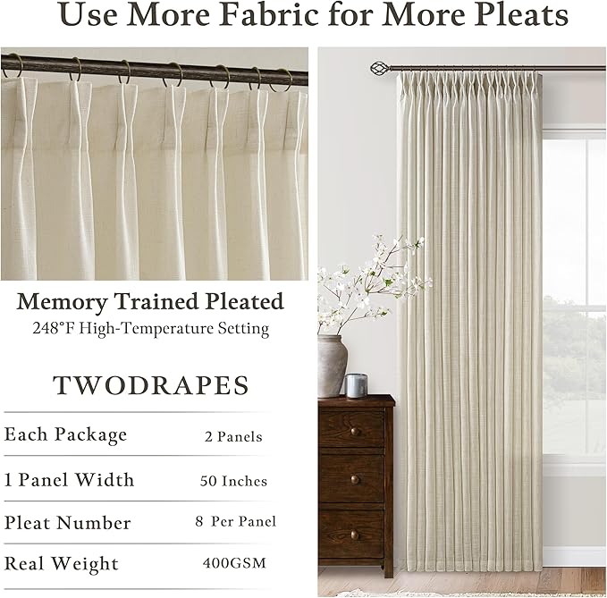 126 Inch Semi Sheer Linen Pinch Pleated Extra Long Curtains Beige Light Tan | - Image 3
