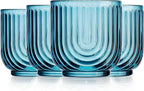 Glaver's Double Old Fashioned Rock Glasses, Set of 4 Blue Whiskey Glasses, 11 oz Art Deco U-Shape Design Embossed Everyday Home Bar Glassware. Art Deco Elegant Kitchen Drinking Glasses.