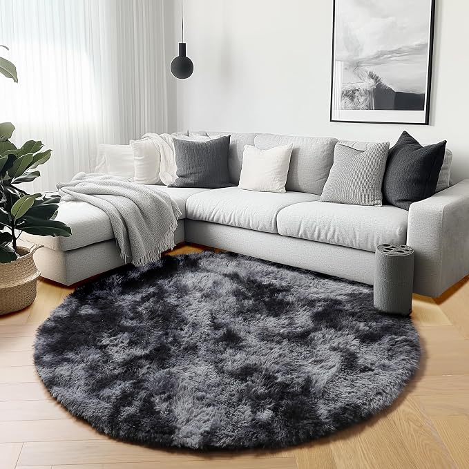 Round Rugs 6ft for Living Room Bedroom, Tie-Dyed Dark Grey Fluffy Circle Area - Image 4