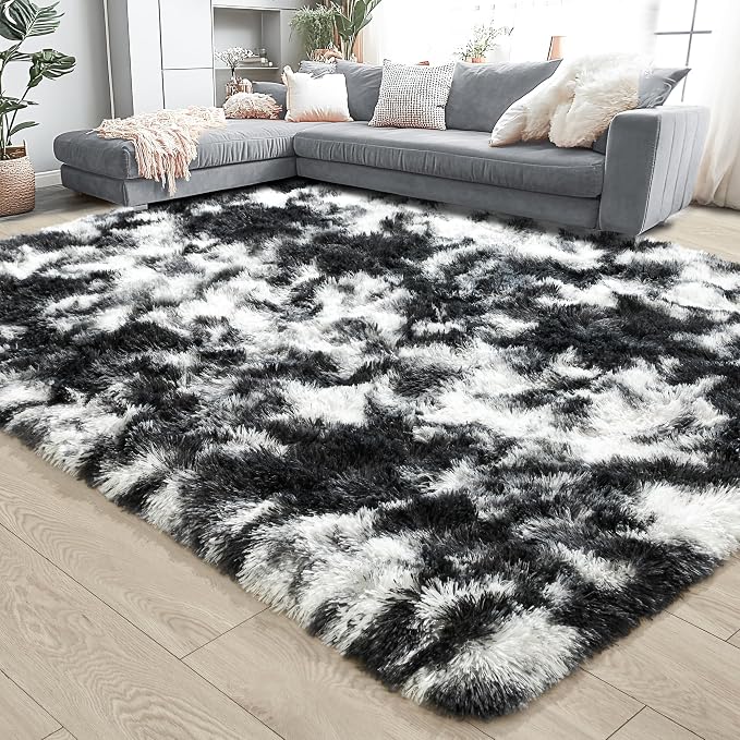 5x7 Tie-Dyed Black and White Fluffy Area Rug Non-Slip - Image 3