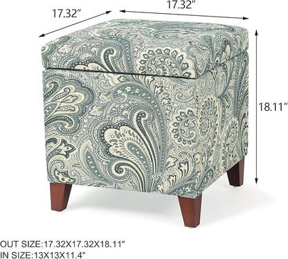 Adeco 18" Cube Storage Ottoman in Blue Paisley, Upholstered Linen Foot Stool & - Image 2