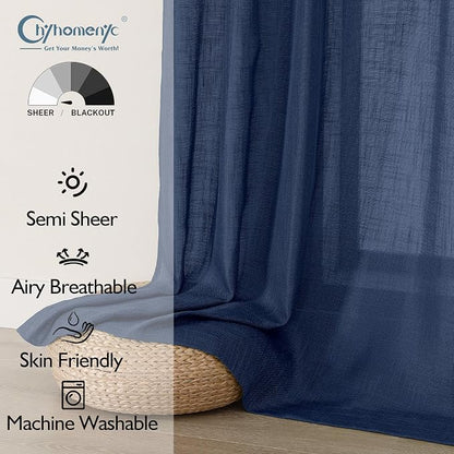 Chyhomenyc Navy Blue Semi Sheer Curtains 36 Inch Length, Light Filtering Faux - Image 2