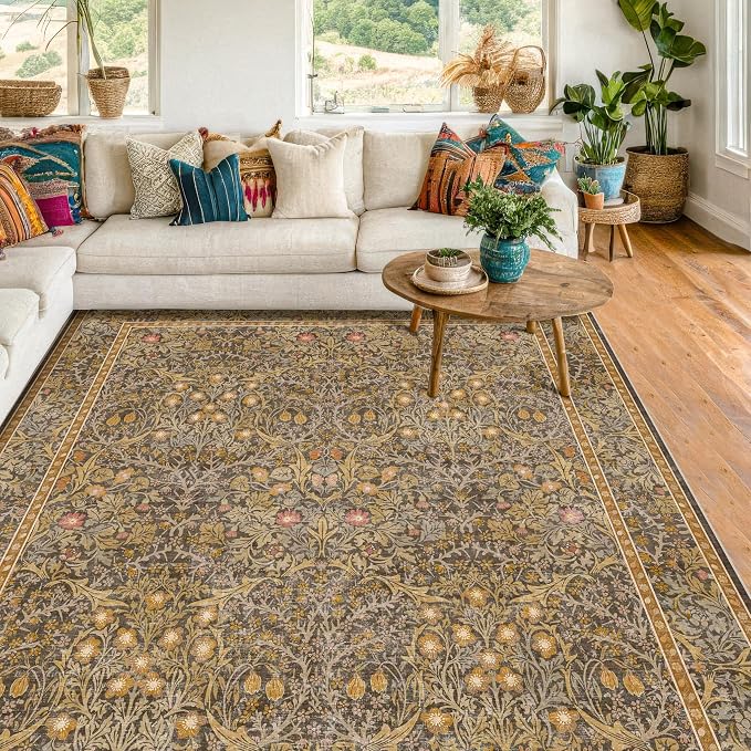 Gold Brown Floral Living Room Rug 5x7 by HazoHaus