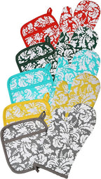 Yourtablecloth Set of Oven Mitt and Pot Holder or Oven Gloves-100% Cotton, High Heat Resistance, Superior Protection & Comfort–Elegant Design-Machine Washable-Nautical Blue