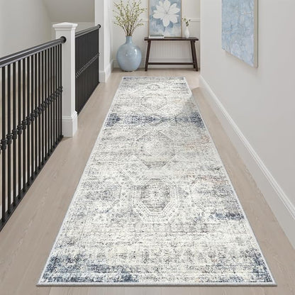 Soalmost Washable Runner Rug 2'6"x8' Kitchen Hallway Runners Blue/Ivory | Soft - Image 3
