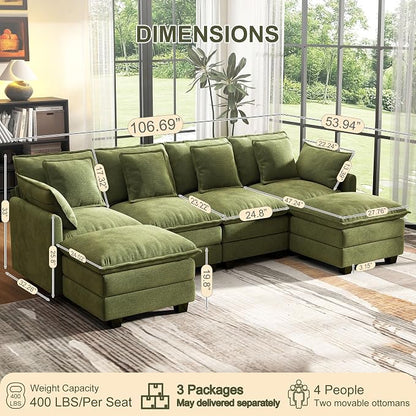 107" Cloud Couch Sectional, U Shaped Modular Sectional Sofa, 4-Seat Deep Seat - Image 3