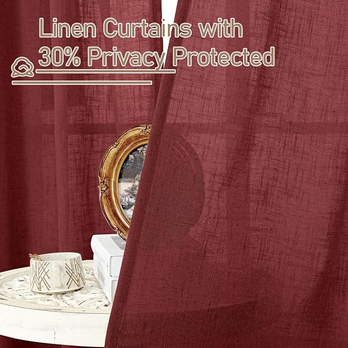Burgundy Red Sheer Linen Curtains 84 inch Length, Light Filtering Semi Sheer - Image 6