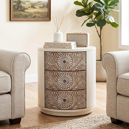 HOMPUS Round End Table Set 2, Fully Assembled Nightstand w 3 Storage Drawers - Image 9
