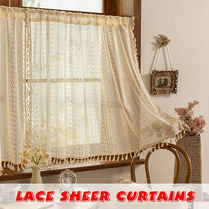 Sutuo Home Beige Boho Lace Short Kitchen Curtains 36 inches Long - Image 3