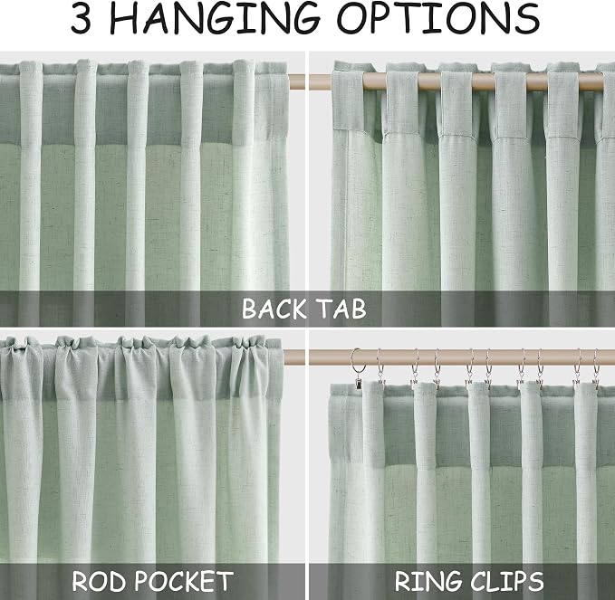 Aqua Green Linen Curtains Semi Sheer 96 Inches Long 2 Panels Set - Image 2