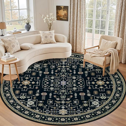 Round Area Rug for Living Room: 8ft Washable Rug for Bedroom Black | Vintage by EXPEDIX
