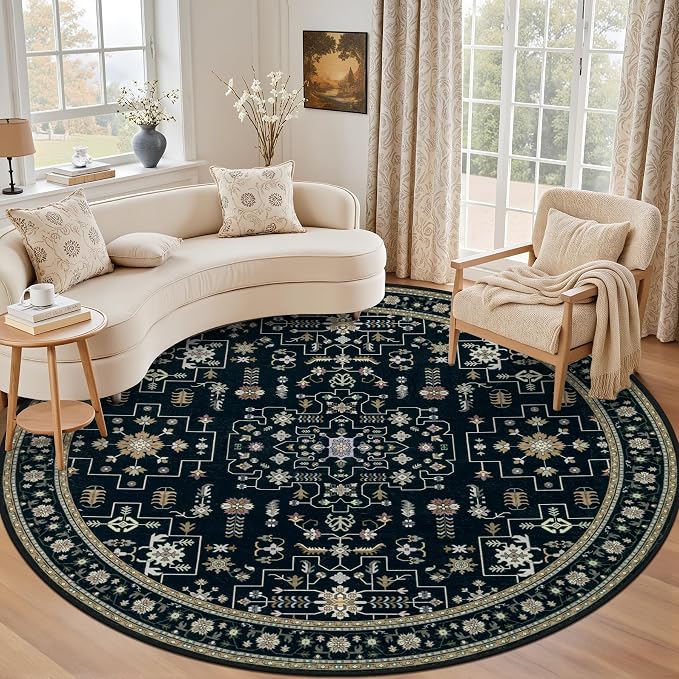 Round Area Rug for Living Room: 6ft Washable Rug for Bedroom Black | Vintage by EXPEDIX