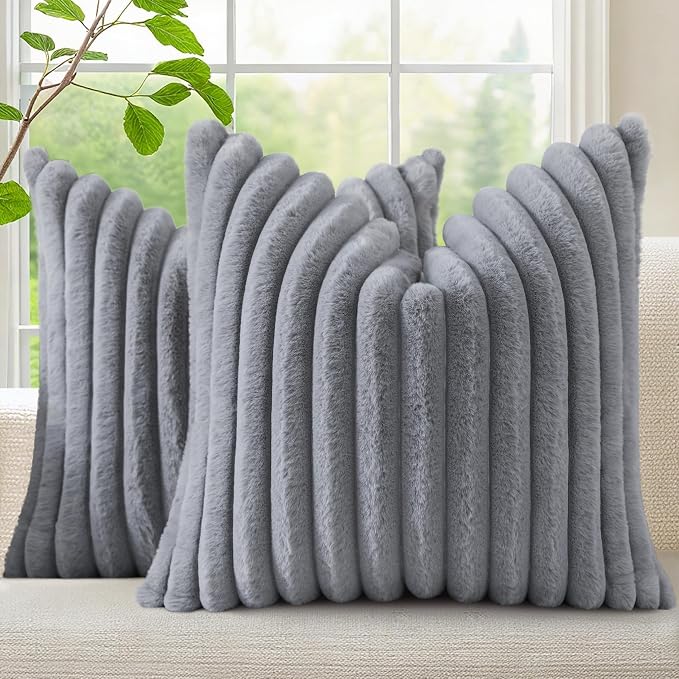 decorUhome Fall Faux Fur Throw Pillow Covers 24x24 Set of 2 Grey | Decorative by decorUhome