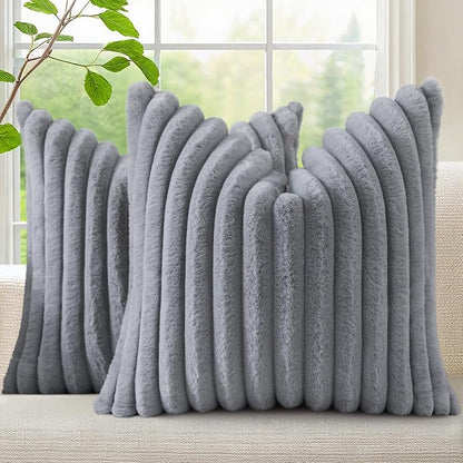 decorUhome Fall Faux Fur Throw Pillow Covers 24x24 Set of 2 Grey | Decorative by decorUhome