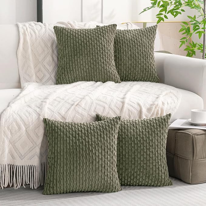 Set of 4 Olive Green Decorative Throw Pillow Covers 16x16 Inch Corduroy Pillow - Image 9