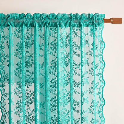 YJ YANJUN Vintage Lace Curtains 84 Inches Long-Victorian Floral Teal Sheer - Image 3