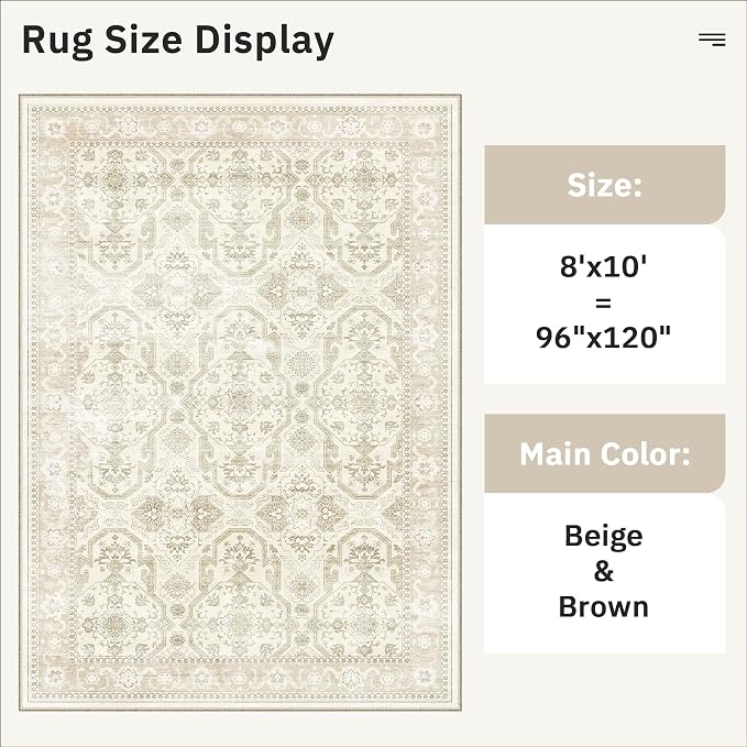 Soalmost 8x10 Area Rugs Large Washable Living Room Rug Non-Slip Beige/Brown | - Image 5