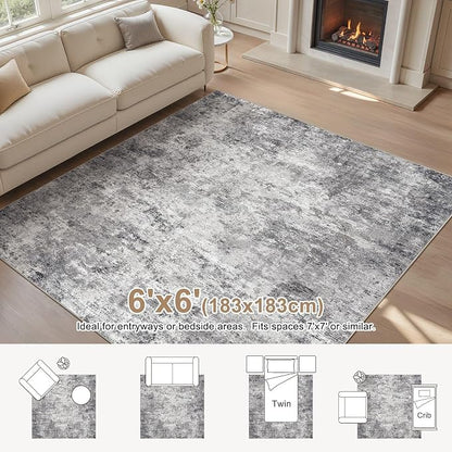 UERMEI Square Area Rugs : Washable 6x6 Neutral Modern Abstract Carpet - Image 3