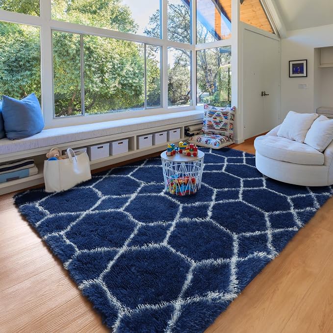 5x7 Area Rugs for Living Room Boys Bedroom, Fluffy Navy Blue and White Rug | - Image 9