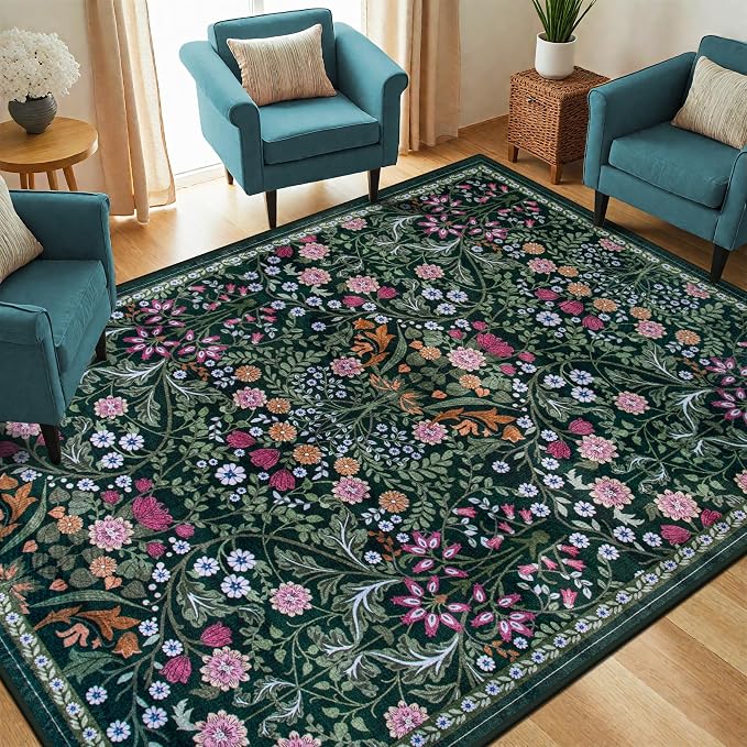 PLHXFR 6x9 Area Rug Living Room: Floral Washable Boho Carpet Dark Green | - Image 2