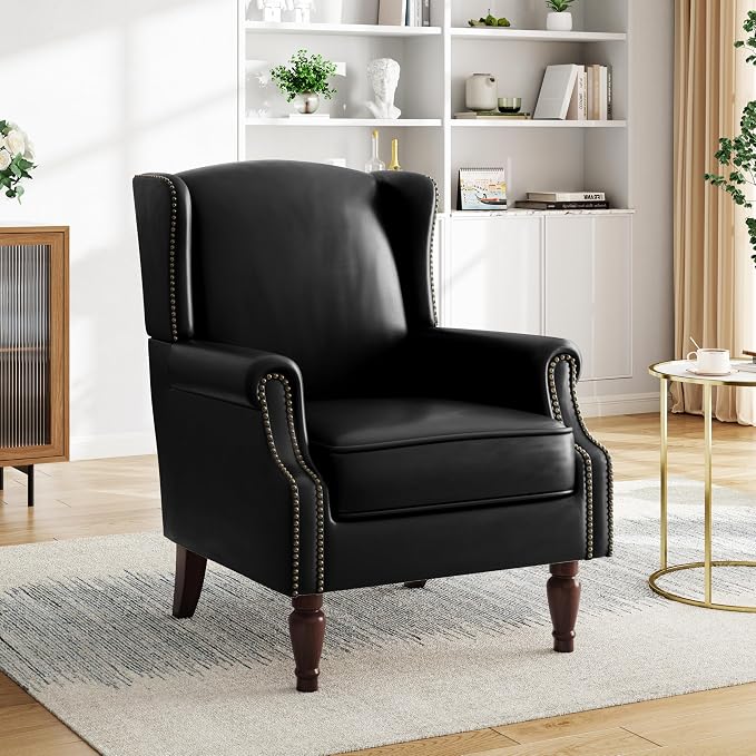 Pia Ricco Set of 2 Faux Leather Accent Chairs, High Back Wingback Armchairs - Image 7