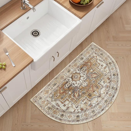 Madane Washable Half Circle Round Rug 2x3 Small Moon Rugs, Turmeric/Grey | - Image 3