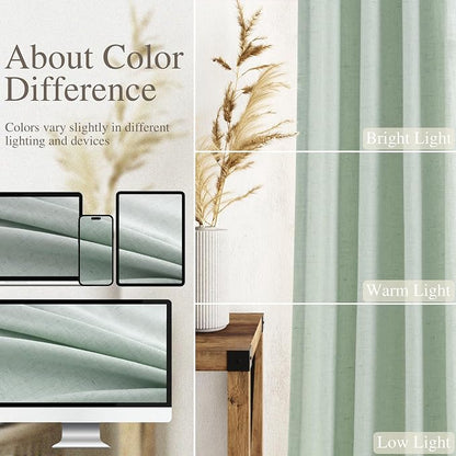 Aqua Green Linen Curtains Semi Sheer 96 Inches Long 2 Panels Set - Image 3