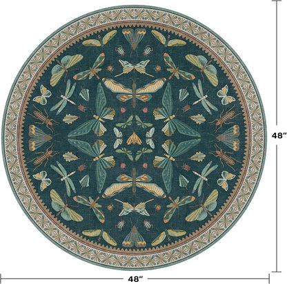Teal Boho 4ft Round Area Rug, Washable Non Slip Insect & Floral Carpet - Image 2