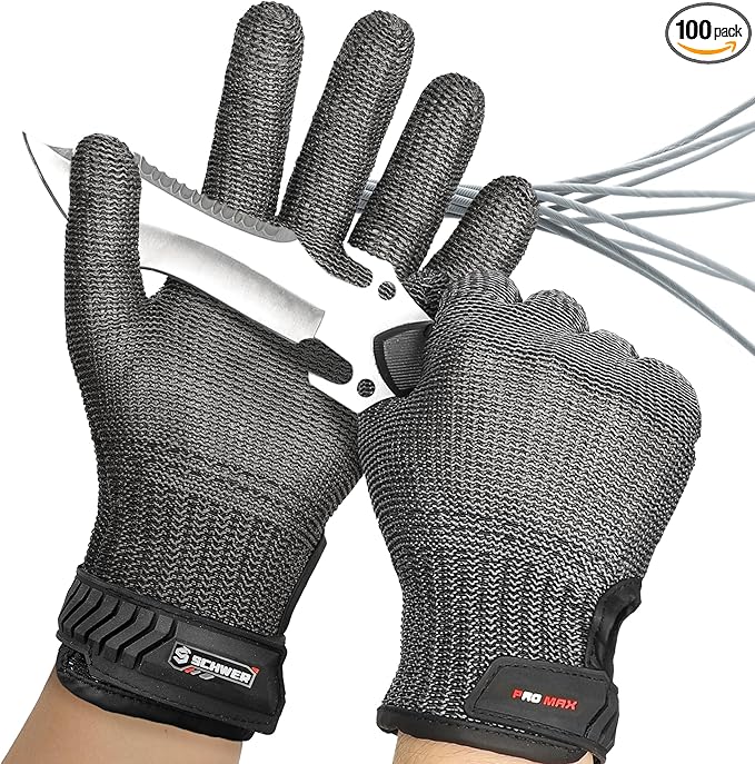 Schwer Ultimate Cut Resistant Gloves Beyond ANSI A9, Reinforced Stainless Steel Glove, Food Grade Mesh Metal Gloves for Butcher Meat Cutting, Oyster Shucking, Mandoline, PR1708 (M, 50 pairs)
