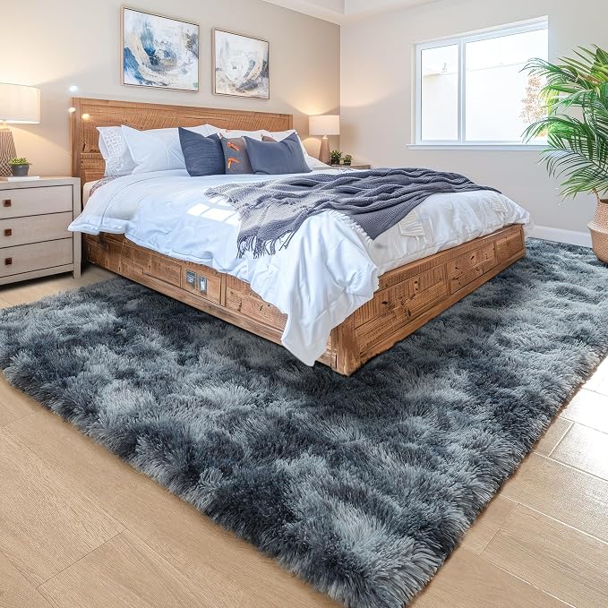 6x9 Large Tie-Dyed Blue and Grey Fluffy Area Rug Non-Slip - Image 3