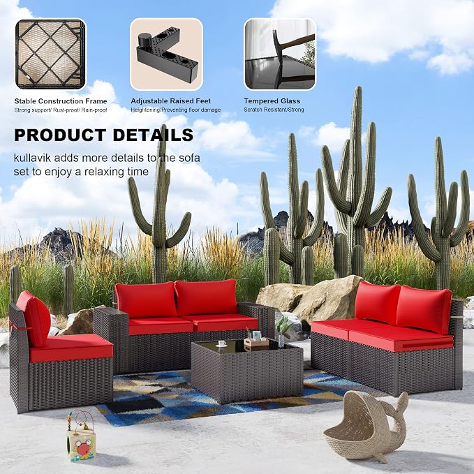 Kullavik Outdoor Patio Furniture Set 6 Pieces Sectional Rattan Sofa Set Brown - Image 4
