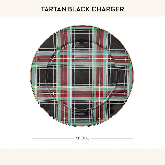 MACKENZIE-CHILDS Enamel Charger Plate, Charger Decoration for Dinner Plates or Home Decor, 12 Inches, Black Tartan, Set of 1