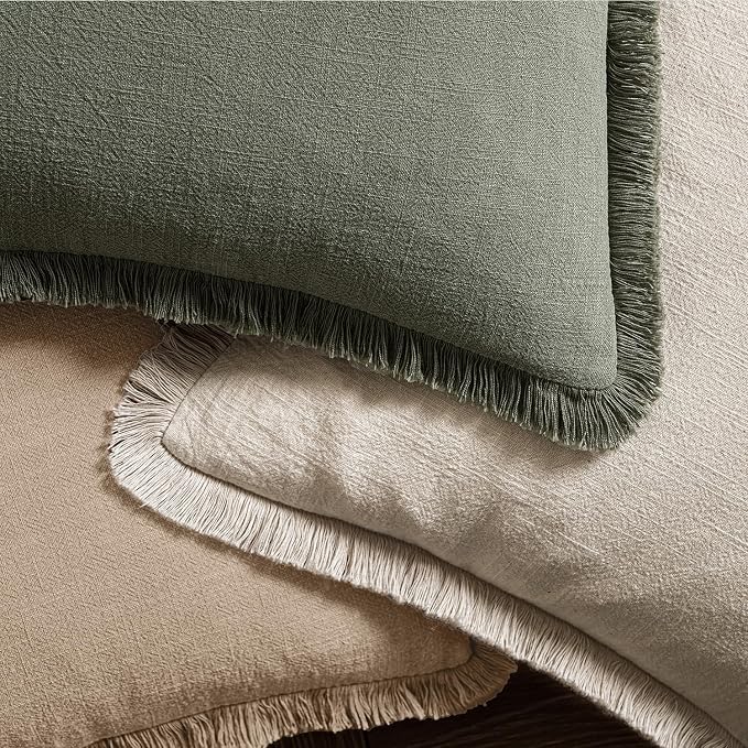 MIULEE Boho Linen Fringe Decorative Euro Throw Pillow Covers Camel 26x26 | Set - Image 4