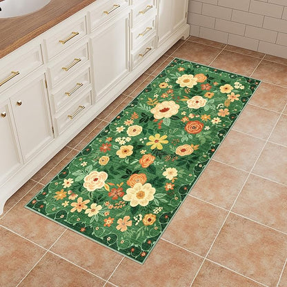 DUKINO 2x4 Entryway Rug, Floral Washable Kitchen Rugs Non Slip, Dark Green | - Image 4