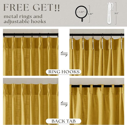 Mustard Yellow Pleated Semi Sheer Linen Curtains 108 Inches Long 2 Panel | - Image 5