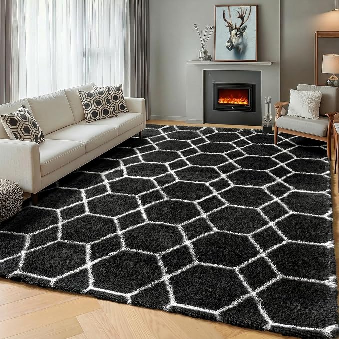 Area Rugs for Bedroom Living Room, 4x6 Fluffy Black and White Geometric Rug | - Image 7