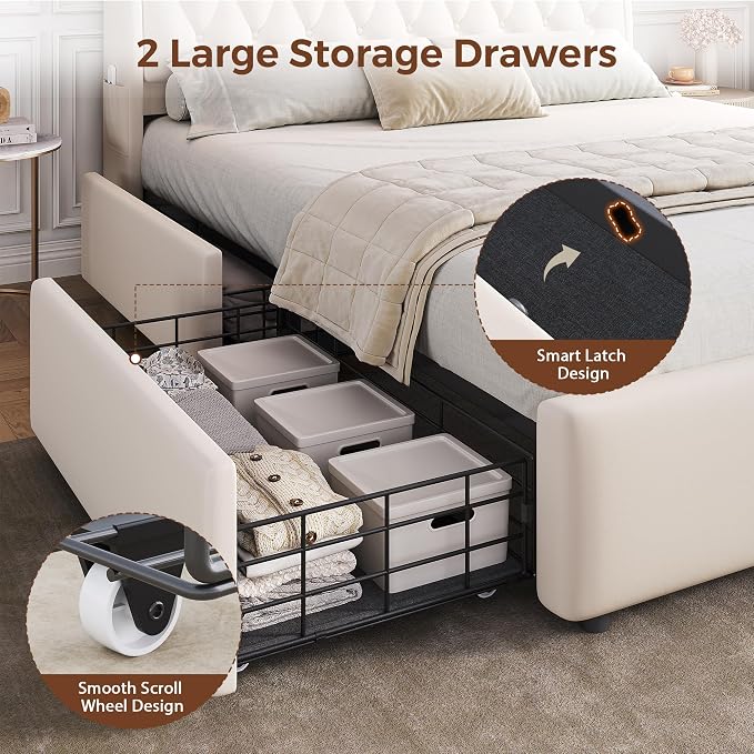 Full LED Velvet Bed Frame with 2 Storage Drawers&Hidden Headboard, Upholstered - Image 6