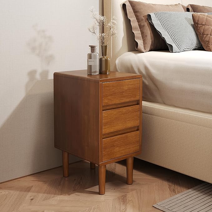 Nightstand with 3 Drawers Narrow Night Stand Solid Wood Bedside Table Mid by IUNVR