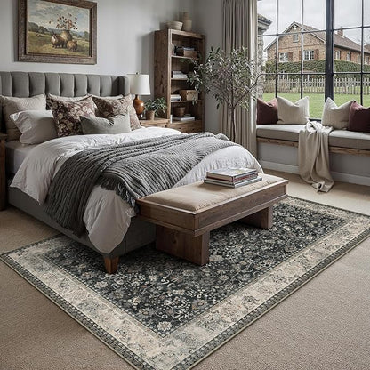 8x10 Black Beige Vintage Floral Washable Area Rug - Image 3