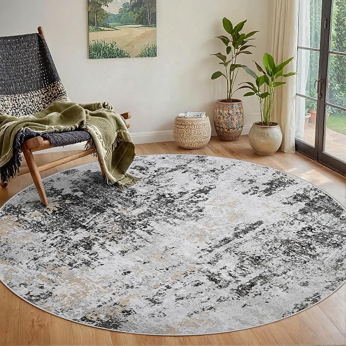 Round Rug 6ft Washable Rug for Dining Room Living Room Black Grey Gold | Modern by Aelenmu