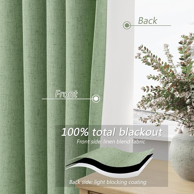 Light Sage 100% Blackout Linen Curtains 120 Inch Length 2 Panels Set - Image 4